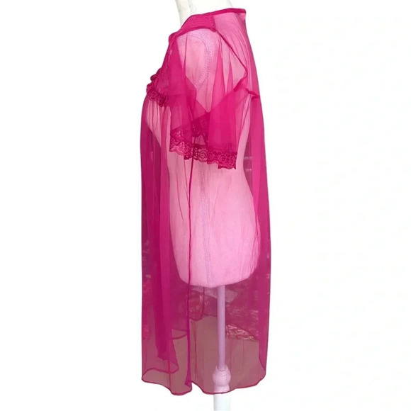 Elsie of Miami hot pink sheer nylon peignoir robe – lace yoke, flutter sleeves - Picture 5 of 8